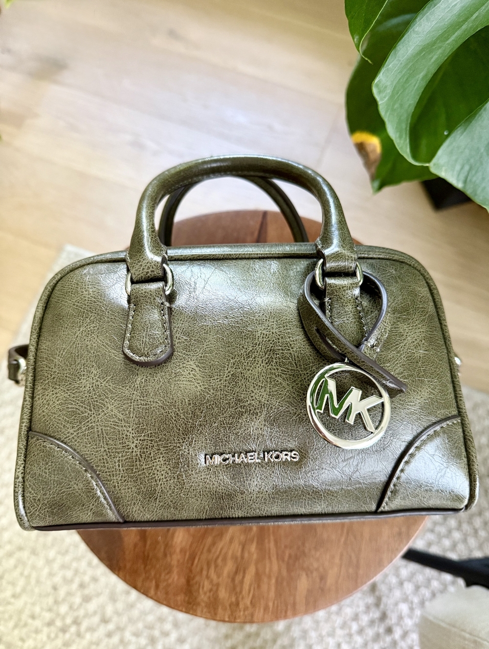 Michael Kors Olive Green Leather Satchel with MK Charm